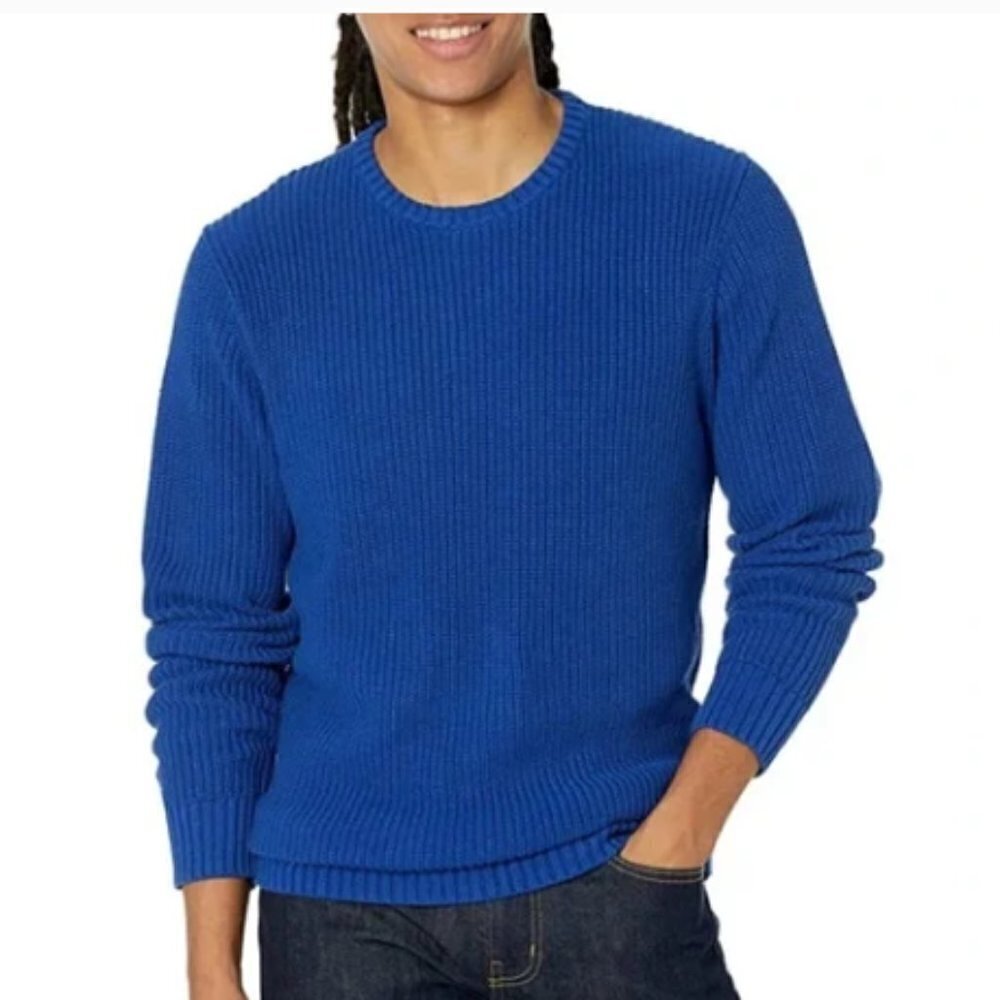 Goodthreads Men's Soft Cotton Rib Stitch Crewneck Sweater, M Blue 100% Cotton